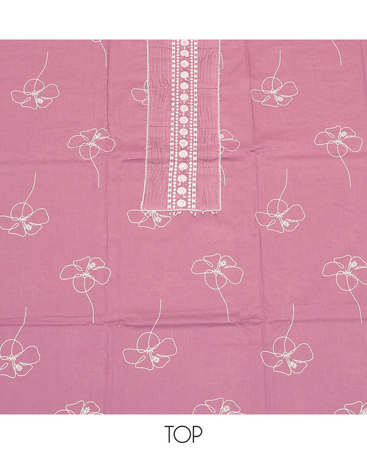 Pink Cotton Material Churidar Set, Highlighted by Floral Motif Print and Neckwork Top, Matching Bottom, and Floral Dupatta