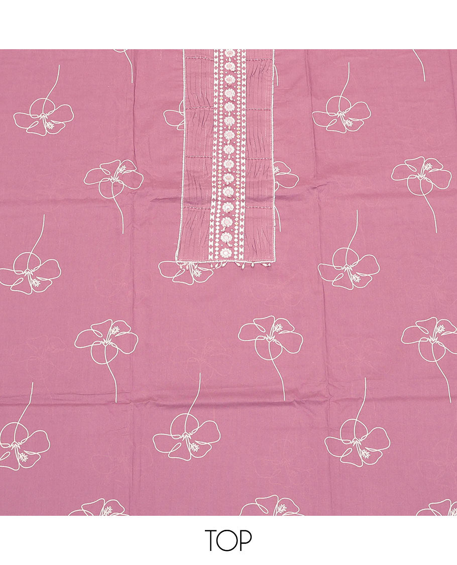 Pink Cotton Material Churidar Set, Highlighted by Floral Motif Print and Neckwork Top, Matching Bottom, and Floral Dupatta