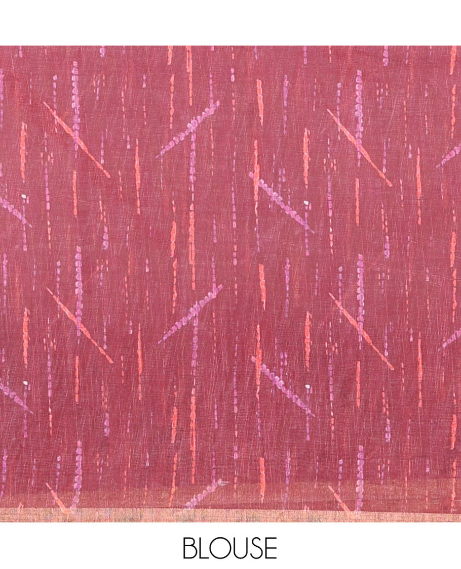 White-Magenta Linen Cotton Saree, Adorned with Shibori Print, Complemented by a Contrast-Printed Border and a Contrast Blouse