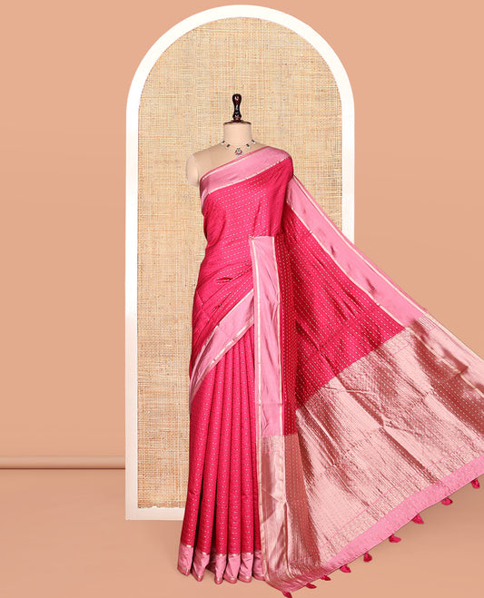 Pink Satin Silk Saree, Steeped in the Richness of Dotted-Stripes, Complemented by a Contrast Border, Grand Pallu, and a Contrast Blouse
