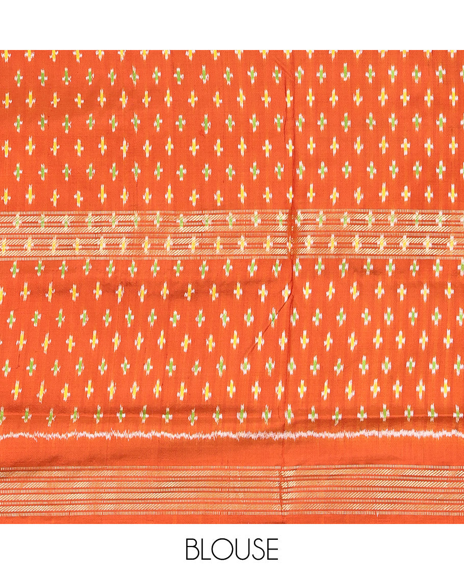 Blue Pochampally Ikat Silk Saree, Embellished with Ikkat Buttas on Its Body, Complemented by a Contrast Intricately Ikkat Woven Border, Pallu of Ikkat Weave, and Paired with a Contrast Blouse