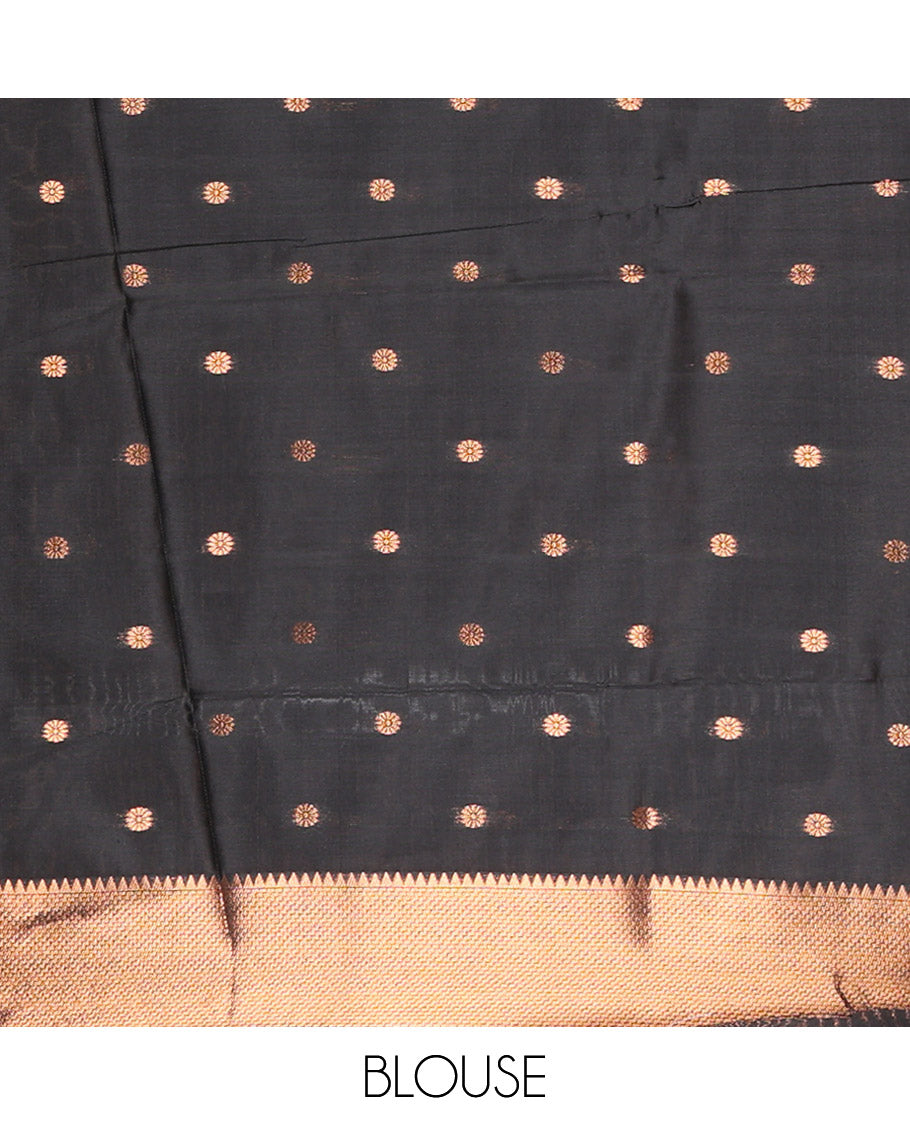 Black Litchi Saree, Elevated with Half-And-Half and Zari Buttas, Contrast Traditional Zari Border, Grand Pallu, and a Contrast Blouse