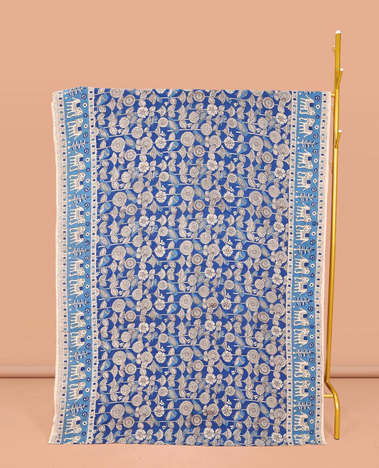 Blue Machine-Printed Kalamkari Cotton Saree, Bedecked with Floral Designs on Its Body, Complemented by a Contrast Elephant Printed Border, Pallu of Floral-Geometric Print, and Paired with a Printed Blouse
