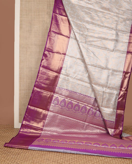 Cream zari floral jacquard budget silk saree, contrast traditional zari border, and ogee patterned pallu