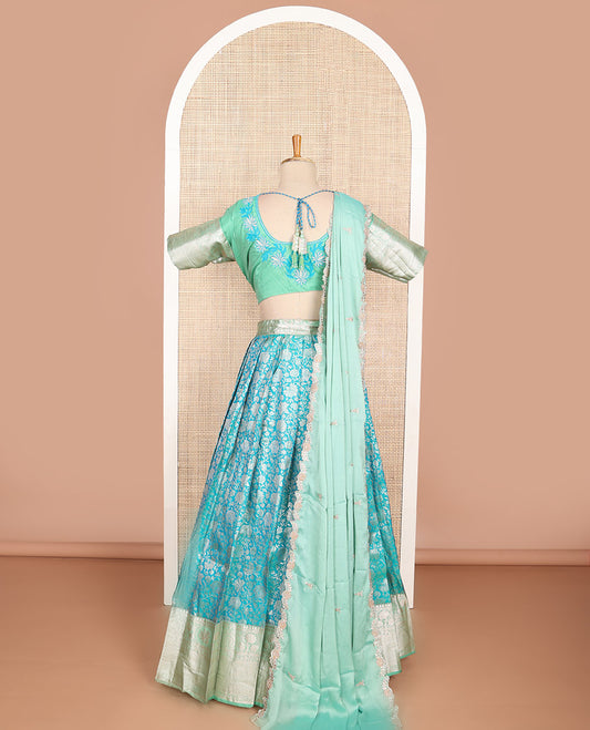 Blue floral jaal design art silk half saree with contrast zari design border, embroidered blouse & floral embroidery dhavani