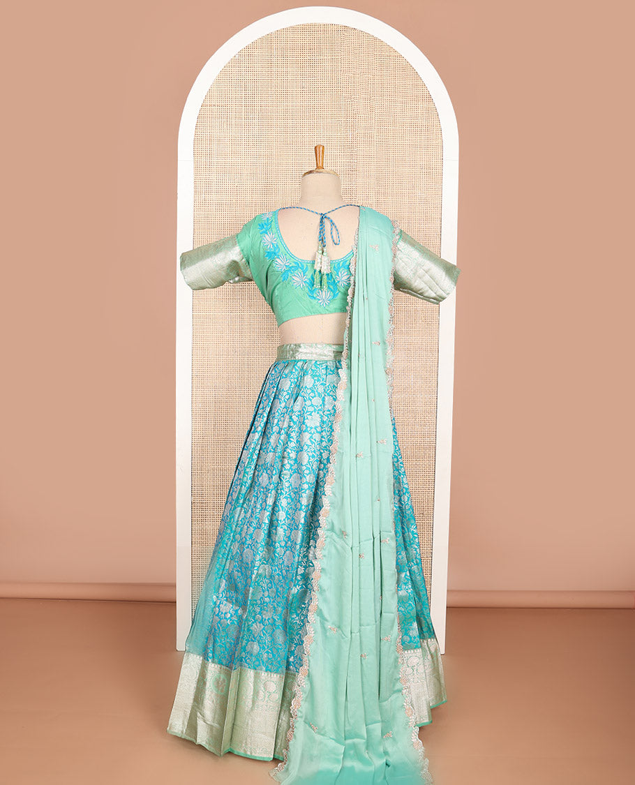 Blue floral jaal design art silk half saree with contrast zari design border, embroidered blouse & floral embroidery dhavani