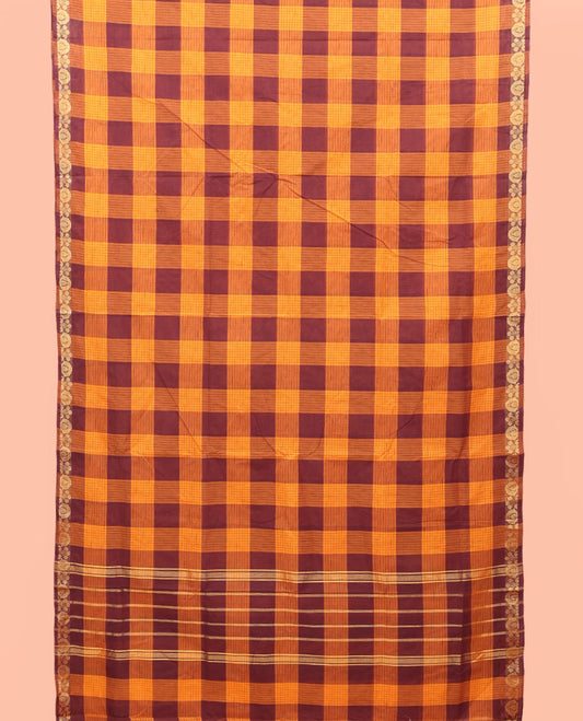 Multi-Color Checked Nine-Yard Cotton Saree, Highlighted by a Self-Border of Floral Designs, Striped Pallu, and Comes Without a Blouse