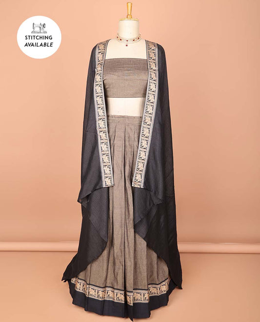 Grey cotton half saree contrast elephant border , zari design blouse & plain, elephant design border dhavani