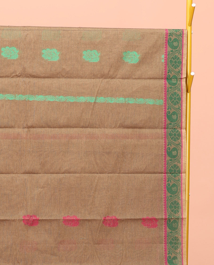 Brown Kanchi Cotton Saree, Adorned with Thread Buttas All Over Its Body, a Self-Border of Floral and Paisley Designs, Pallu of Intricate Designs, and Paired with a Matching Blouse
