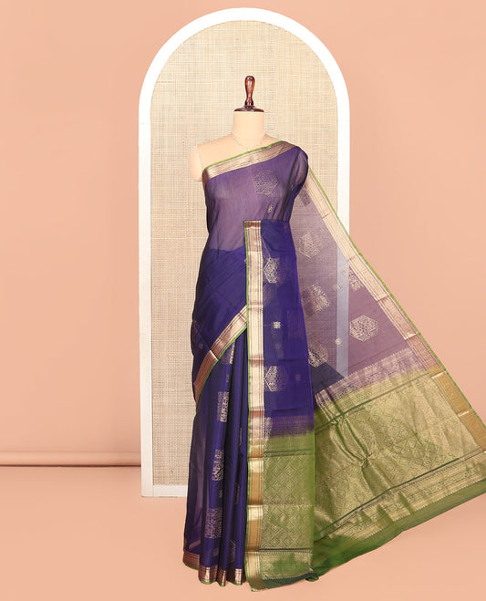 Blue Silk Cotton Saree, Entralled with Geometric Buttas All Over Its Body, Complemented by Contrast Traditional Zari Designs Woven Border, Grand Jaal Pallu and Paired with a Contrast Blouse