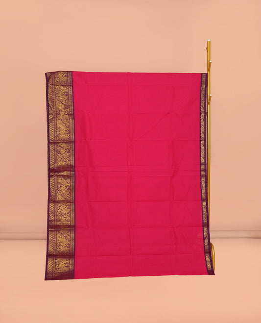Pink Plain Chettinad Cotton Saree, Complemented by a Contrast Traditional Zari Design Woven Border of Peacocks, Pallu of Stripes, and Paired with a Matching Blouse