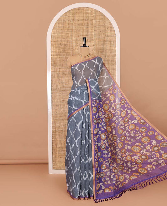 Grey argyle shibori printed linen cotton saree, contrast border, kalamkari floral vine printed pallu, and a contrast kalamkari printed blouse