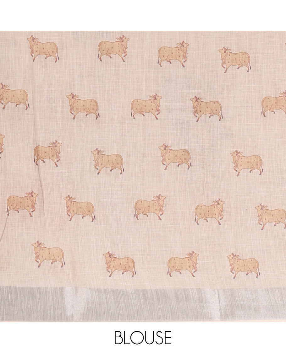 Cream Linen Saree Features Ancient Human Figurines, Floral, and Pichwai Cow, a Zari Border, Kalamkari Pallu, and Matching Blouse