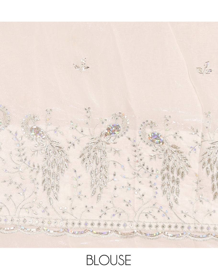 Borderless Off-White Plain Fendi Chiffon Saree, a Self-Pallu, and a Matching Peacock Embroidered Blouse