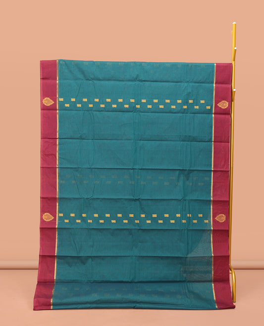 Blue Kanchi Cotton Saree, Adorned with a Geometric Design on Its Body, Complemented by a Contrast Unique Design Border, Intricate Pallu, and a Matching Blouse