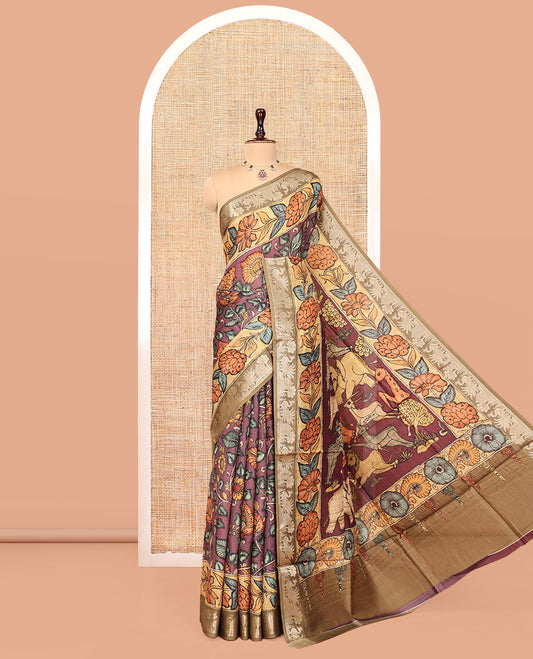Brown Kalamkari Printed Semi-Banarasi Tussar Saree, Boldly Accentuated with Flora-Fauna Motifs, Contrast Border, Pallu of Fauna Motifs, and a Matching Blouse