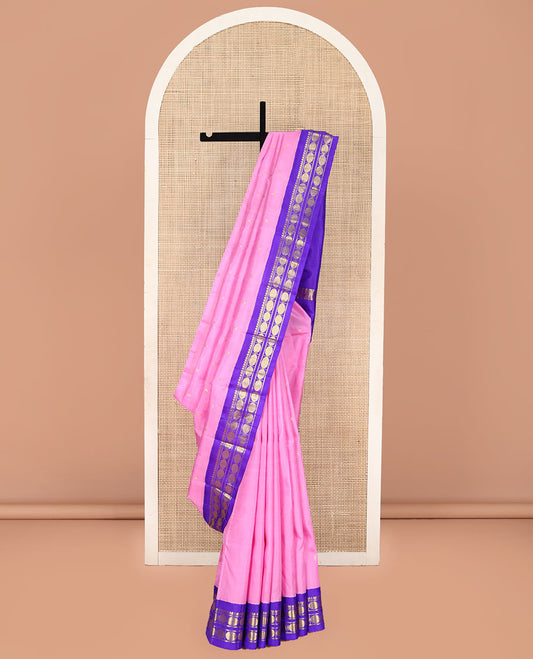 Rosemilk Pink Kanchipuram Silk Saree, Graced with Zari Buttas on Its Body, Complemented by a Contrast One-Sided Korvai Border of Thilakam Mokku, Banaras, and Poun Designs, Pallu of Zari Designs, and Comes Without a Blouse