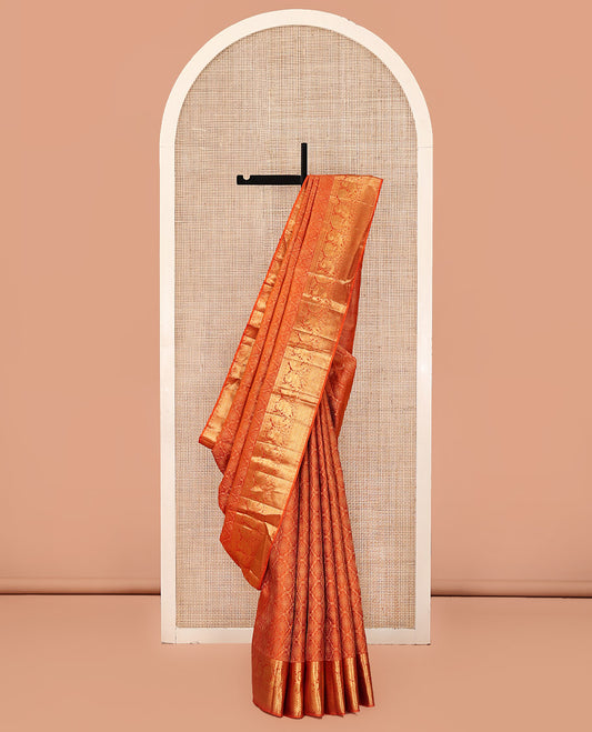 Rust Kanchipuram Wedding Silk Saree, Sparsely Woven with Jacquard Design On Its Body, Highlighted by Zari Border of Manga Mokku and Mayil Designs, Grand Jaal Pallu and Paired with a Matching Blouse
