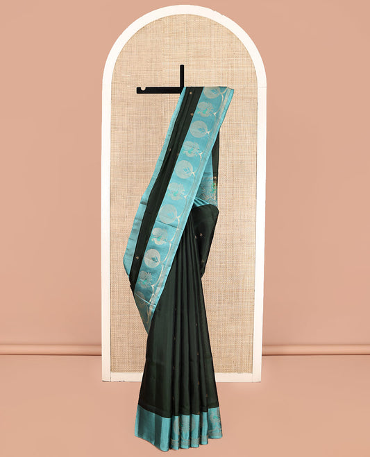 Green Mayuri Soft Silk Saree, Woven with Buttas, Contrast Floral-Peacock Border, Pallu of Vanki Designs and a Contrast Blouse