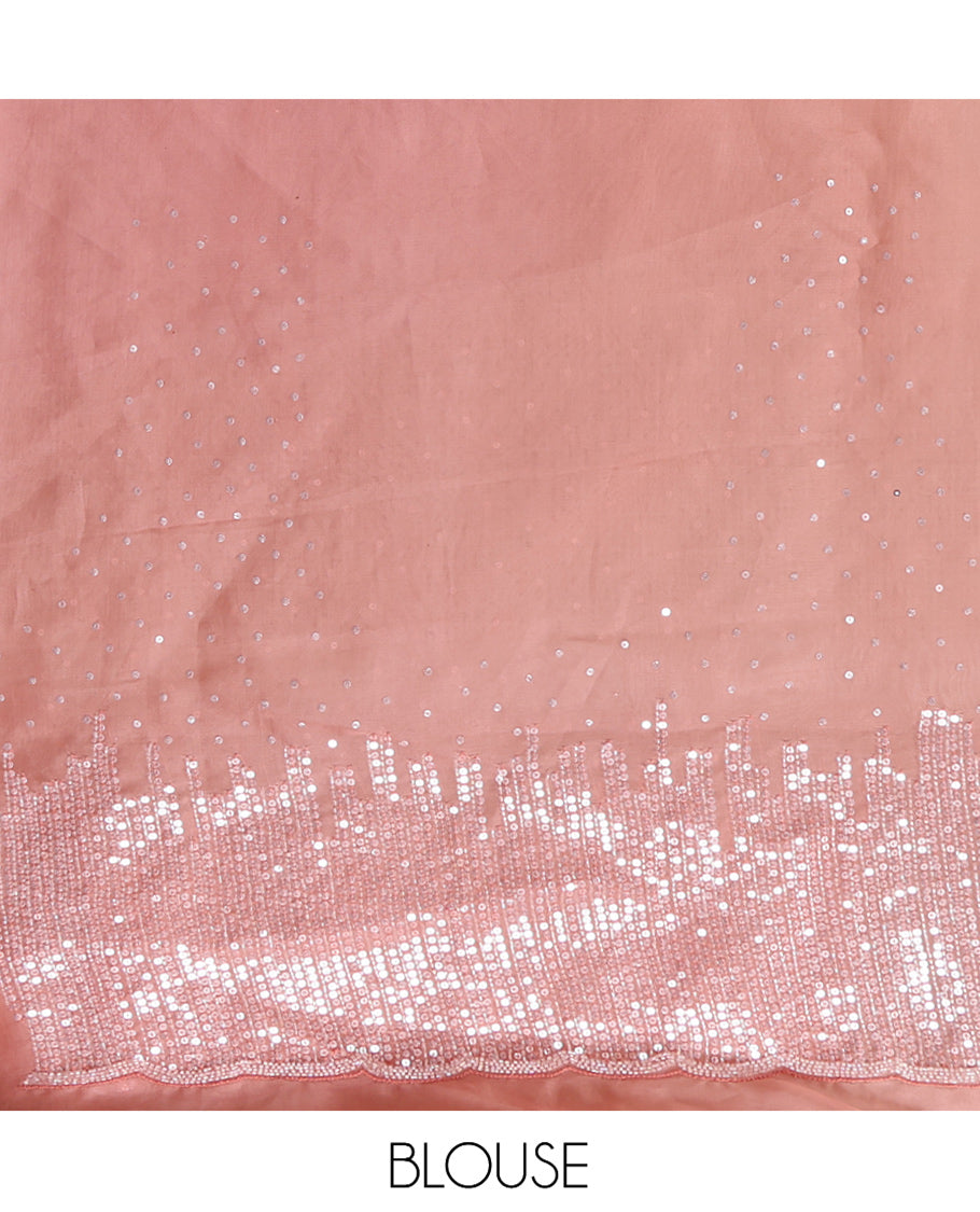 Peach Turkey Organza Saree Features Geometric Glitterwork, Scallop Beadwork Border, Embroidered Blouse