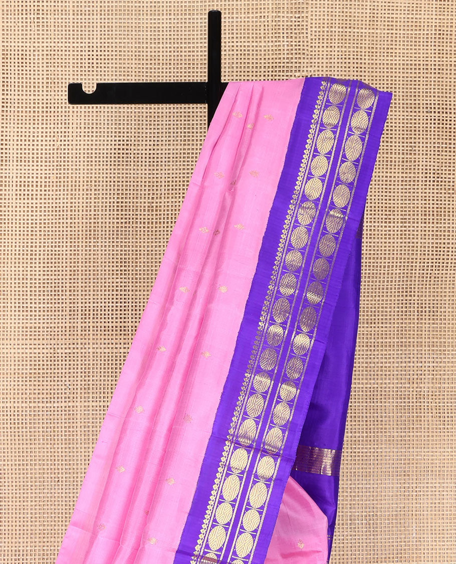 Rosemilk Pink Kanchipuram Silk Saree, Graced with Zari Buttas on Its Body, Complemented by a Contrast One-Sided Korvai Border of Thilakam Mokku, Banaras, and Poun Designs, Pallu of Zari Designs, and Comes Without a Blouse