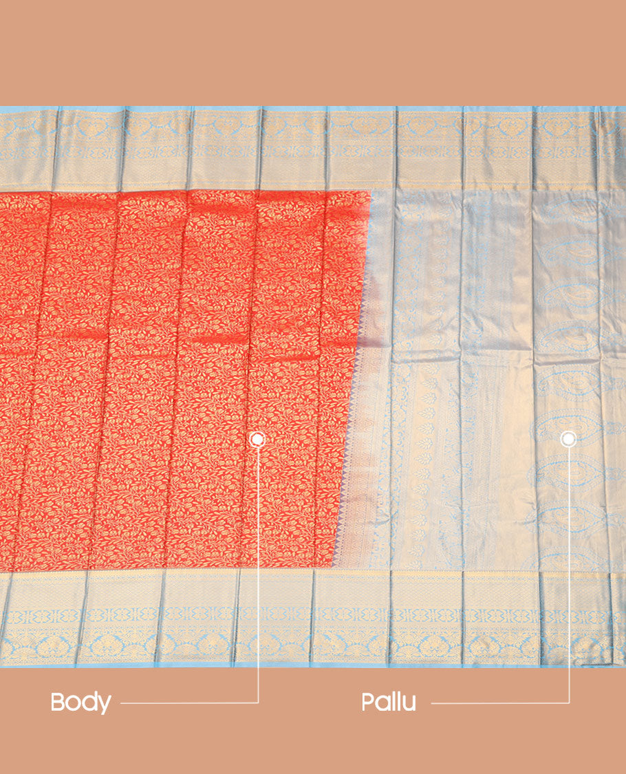 Red Budget Silk Saree, Spotlighted with Jacquard Design, Complemented by Contrast Traditional Zari Border, a Grand Pallu and a Contrast Blouse