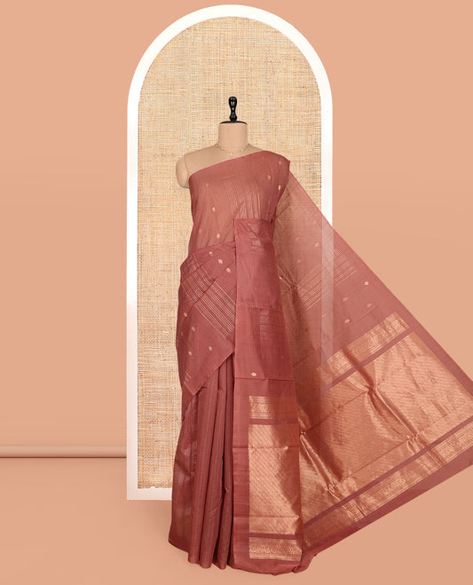 Borderless Rosewood Pink Silk Cotton Saree, Ornamented with Zari Buttas and Stripes, Grand Pallu, and a Matching Blouse