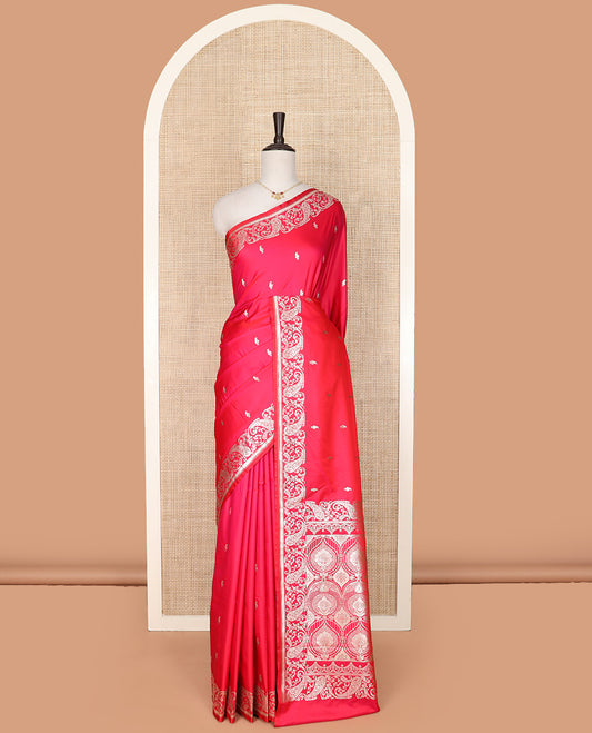 Red buttas banarasi silk saree, floral-paisley design border, and pallu of intricate designs