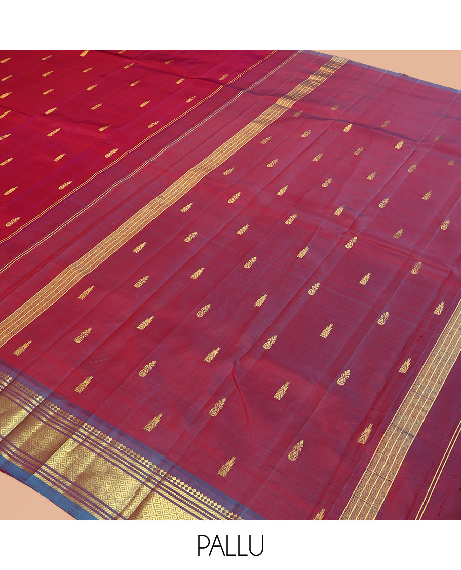 Maroon Kanchipuram Silk Saree, Elevated with Zari Buttas, a Contrast One-Sided Border of Paneer Sombu, Banaras, Muthu, and Mayil Kann Design, Zari Design Pallu, and No Blouse