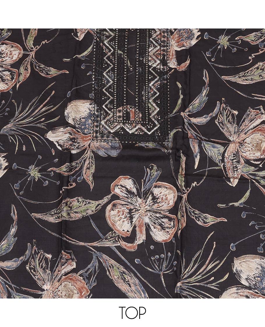 Black Material Chudidar Set, Decked Up with Floral Printed and Neck Embroidered Rayon Top, a Plain Rayon Bottom, and Paired with Floral Vine Embroidered Dupatta