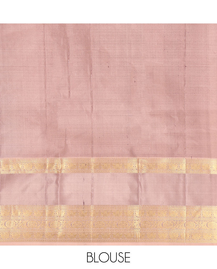 Purple Vasundhara Silk Saree, Steeped in Richness with Mayil-Chakram Buttas and Zari Checks, Complemented by a Contrast Rettai Pettu Border of Ara Bogudi, Muthu, Banaras, Iruthalai Pakshi, and Chakram Designs, Jaal Pallu, and Paired with a Contrast Blouse