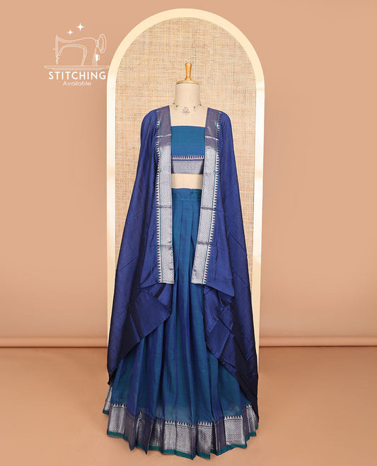 Blue cotton half saree with self zari design border, zari design blouse & plain, temple, checked design border dhavani