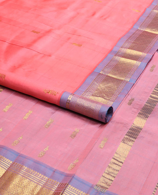 Pink zari buttas Kanchipuram silk saree, contrast one-sided border of paneer sombu,banaras,muthu & jaal & zari design pallu
