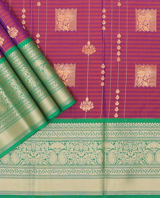 Purple floral design art silk pavadai material with contrast intricate zari design border & floral design blouse