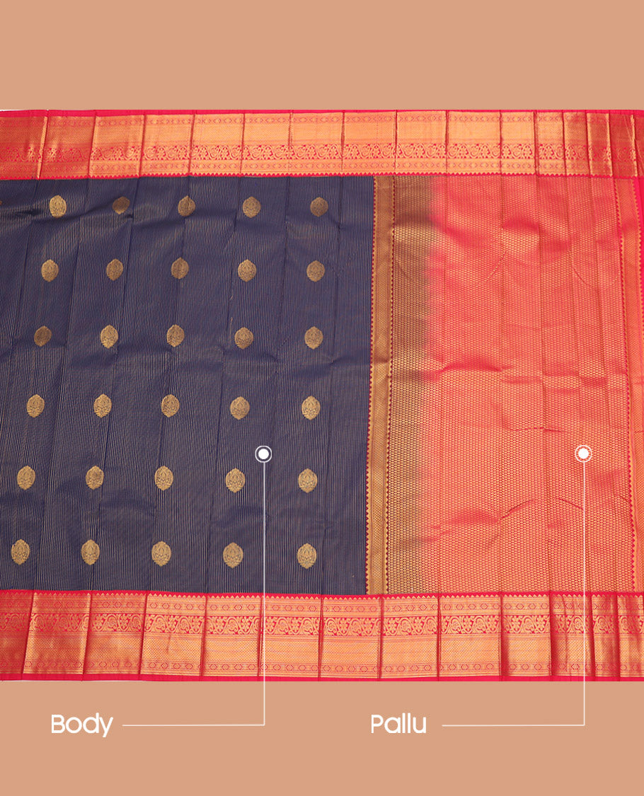 Blue Budget Silk Saree, Embellished with Zari Buttas and Stripes, Complemented by a Contrast Traditional Zari Border, Grand Pallu, and a Contrast Blouse