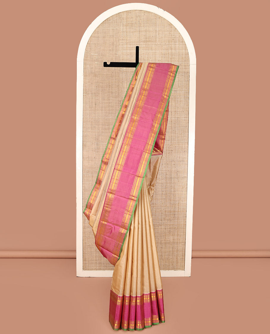 Sandal Plain Kanchipuram Silk Saree, Complemented by Contrast Rettai Pettu Border of Rekku, Rudraksham, and Vanki Designs, Pallu of Traditional Zari Designs, and Paired with a Contrast Blouse