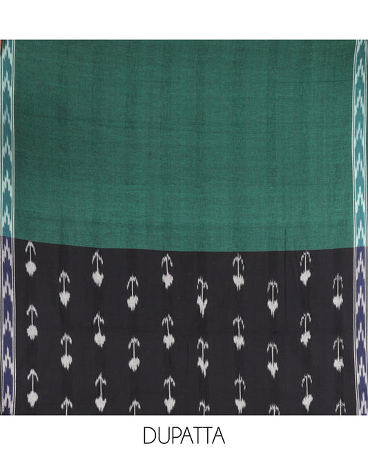 Black-Green Pure Cotton Saree Material Chudidar Ikat Buttas Top, a Contrast Bottom, and Ikat Buttas Dupatta