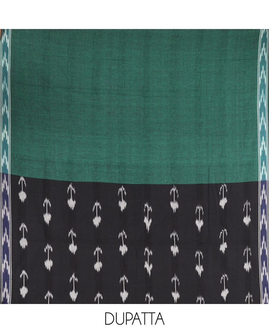 Black-Green Pure Cotton Saree Material Chudidar Ikat Buttas Top, a Contrast Bottom, and Ikat Buttas Dupatta