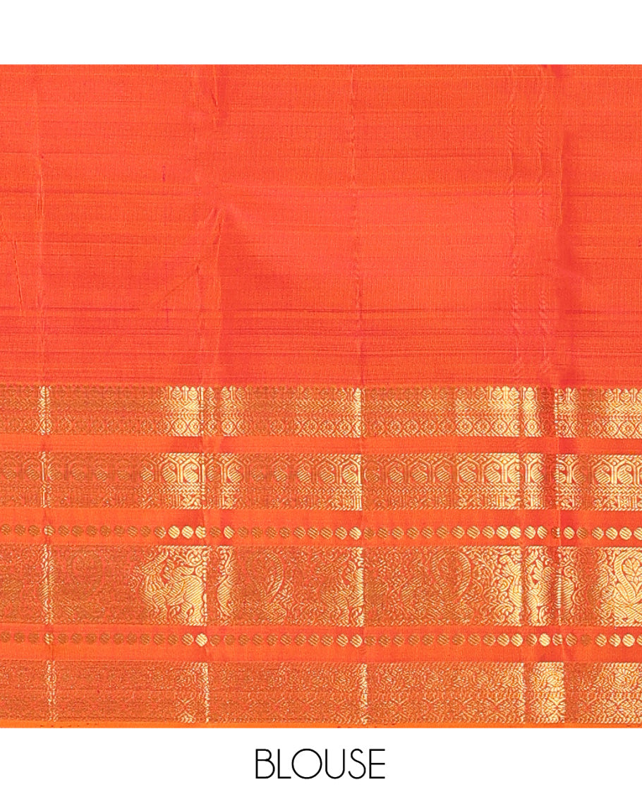 Orange Kanchipuram Wedding Silk Saree, Richly Detailed with Jacquard Design, a Zari Border of Thilakam, Poun, Manga, Mayil, Yaali, Paisa, and Dhavana Kodi, Grand Pallu, and a Matching Blouse