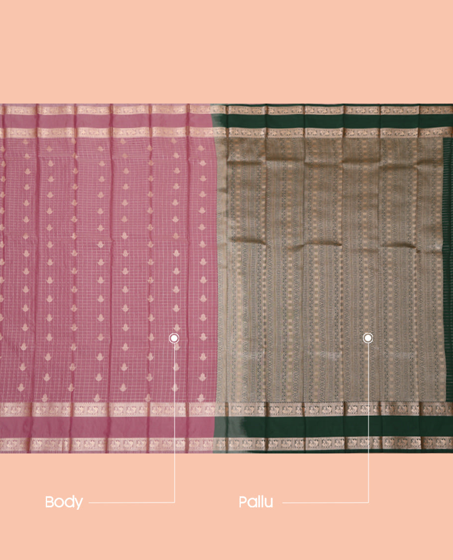 Onion Pink Budget Silk Saree, Embellished with Zari Buttas and Checks, Highlighted by Traditional Zari Rettai Pettu Border, Contrast Grand Pallu, and a Contrast Blouse