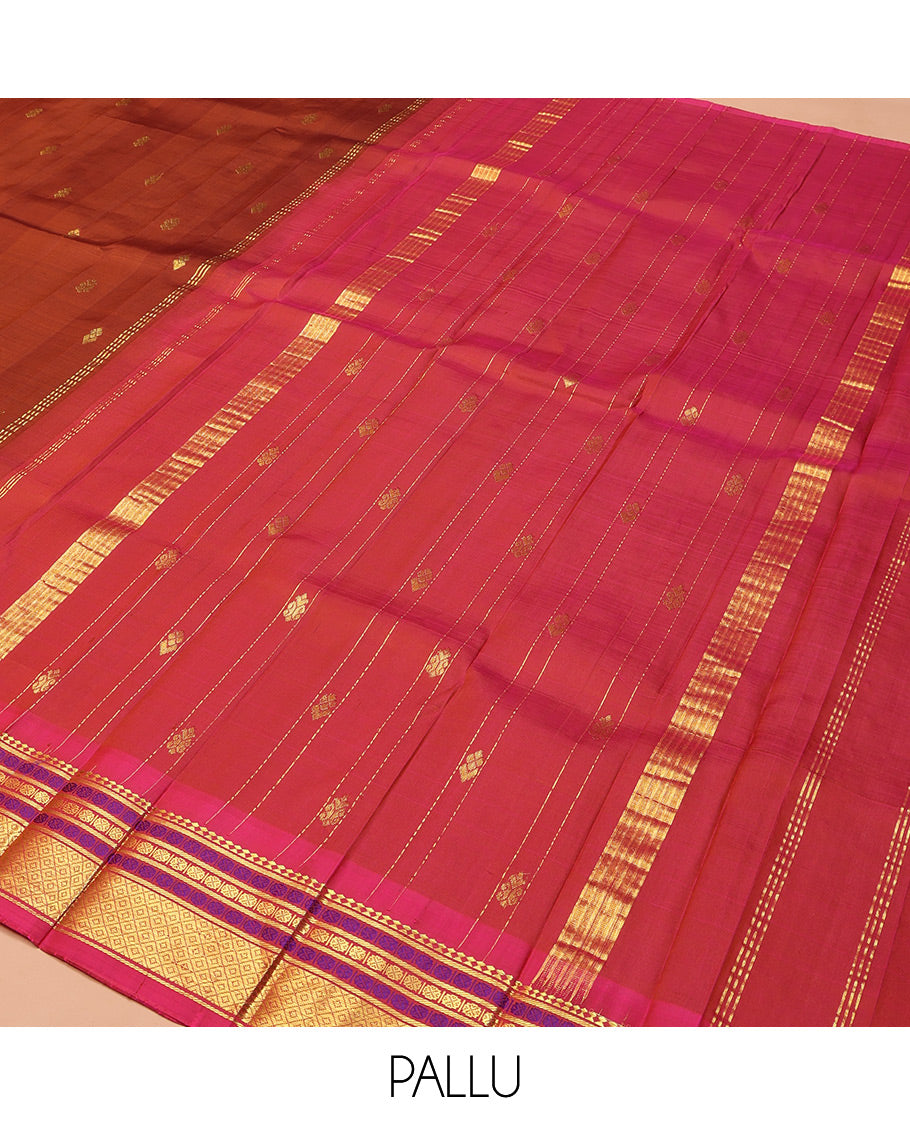 Brown Kanchipuram Silk Saree, Woven with Zari Buttas on Its Body, Complemented by a Contrast One-Sided Border of Panner Sombu, Banaras, Rudraksham, and Mayil Kann Designs, Pallu of Zari Designs, and Comes Without a Blouse