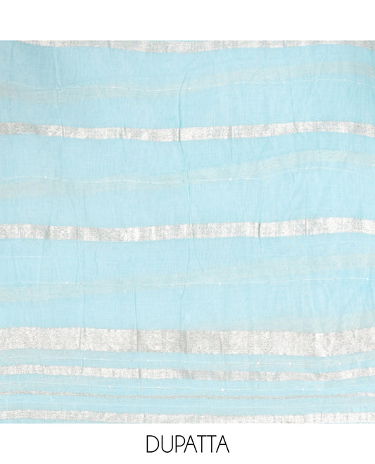 Blue Mul Chanderi Material Chudiddar, Embroidered Top, Plain Bottom, Zari Striped Dupatta