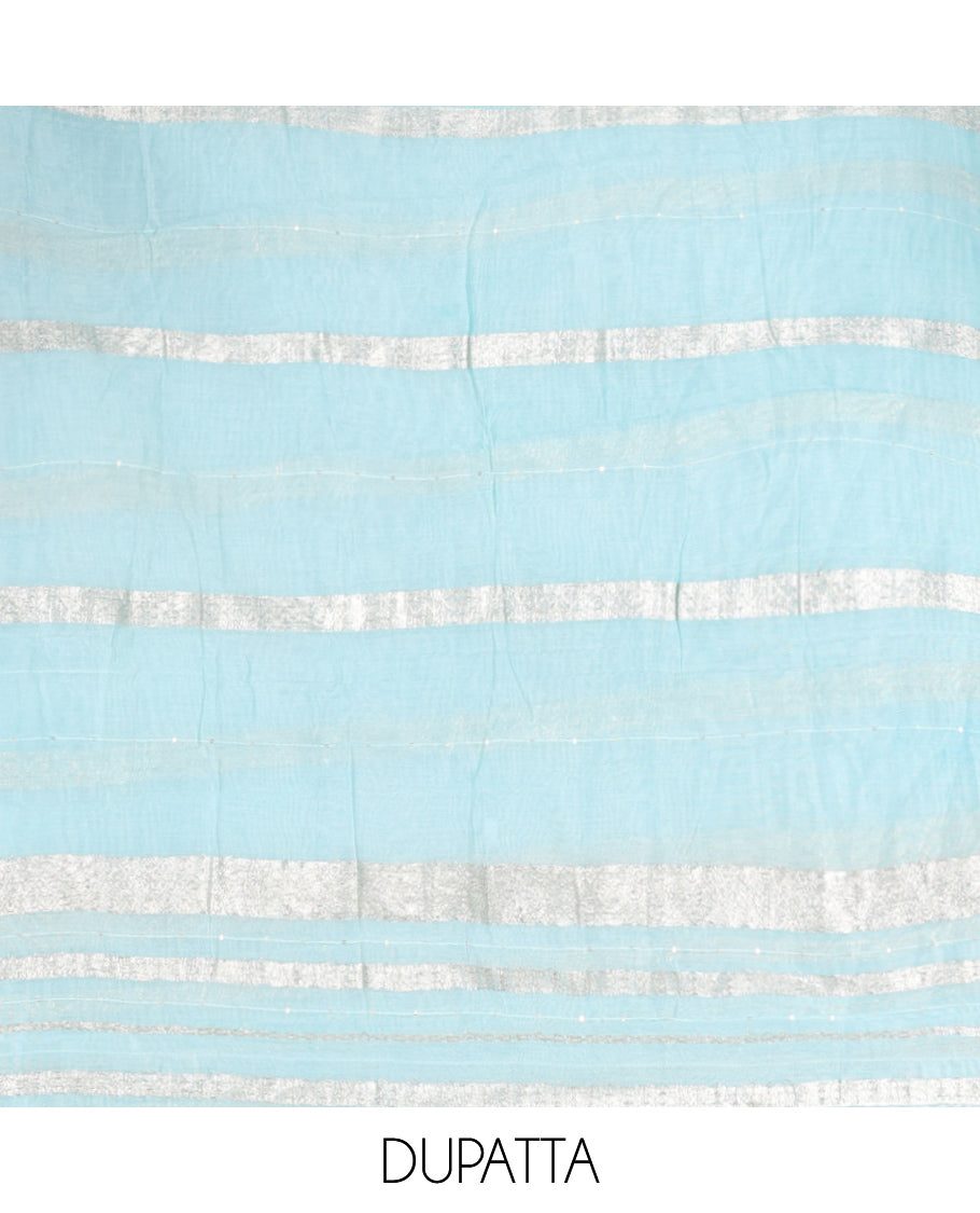 Blue Mul Chanderi Material Chudiddar, Embroidered Top, Plain Bottom, Zari Striped Dupatta