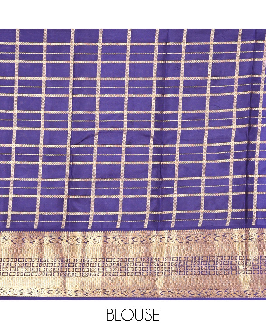Orange Vasundhara Silk Saree, Enthralled with Zari Butta Enclosed Checks, a Contrast Traditional Zari Border, Grand Jaal Pallu, and a Contrast Blouse