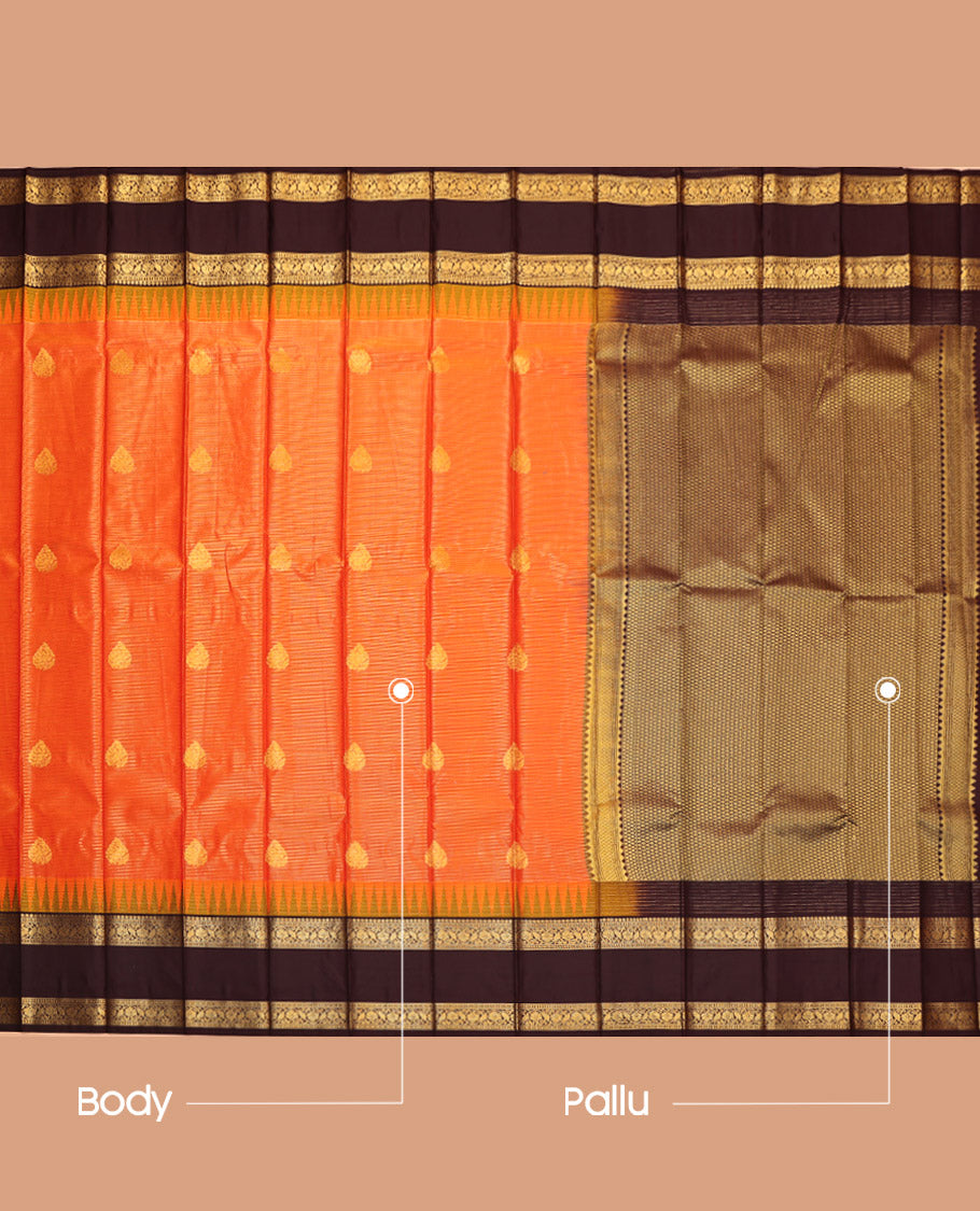 Orange Budget Silk Saree, Enriched with Zari Buttas and Stripes, Complemented by a Contrast Traditional Zari Temple Rettai Pettu Border, Grand Pallu, and a Contrast Blouse