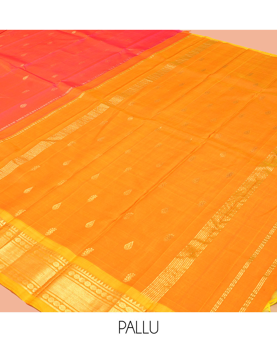 Pink Kanchipuram Silk Saree, Prettified with Zari Buttas, a Contrast One-Sided Border of Rekku, Banaras, Vanki, and Rudraksham Designs, a Zari Design Pallu, and No Blouse