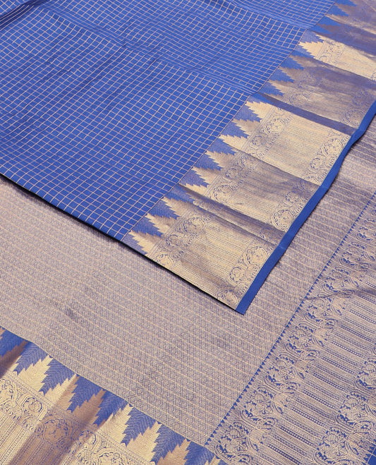 Blue checked vasundhara silk mix saree, jaal pallu & zari border of thazampoo rekku,mayil,annam,yaanai,kathir,neli & kuyil kann