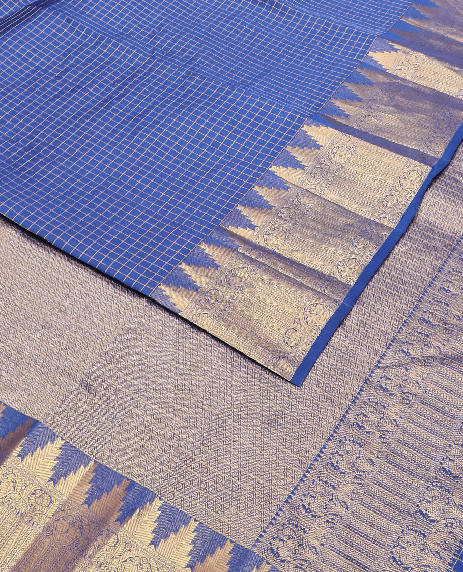 Blue checked vasundhara silk mix saree, jaal pallu & zari border of thazampoo rekku,mayil,annam,yaanai,kathir,neli & kuyil kann