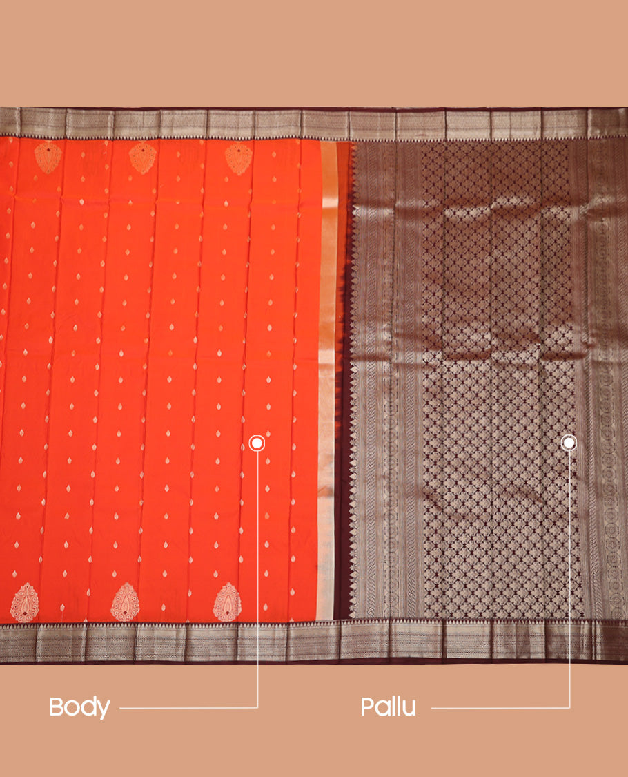 Orange Budget Silk Saree, Adorned with Zari Buttas All Over Its Body, Complemented by a Contrast Traditional Zari Design Border, Intricately Designed Pallu, and Paired with a Contrast Blouse