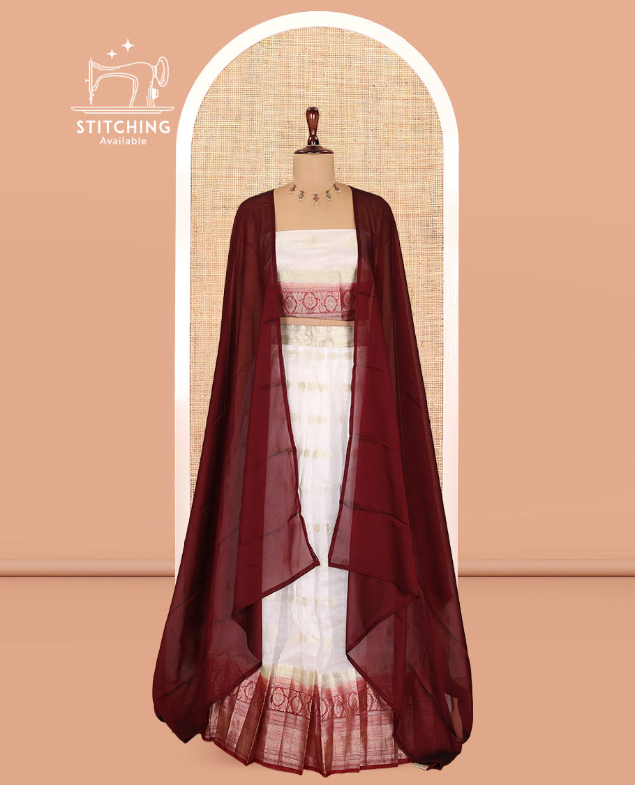 Cream-Red Organza Half-Saree Features Zari Buttas Skirt, Contrast Traditional Border, Matching Blouse, Contrast Dhavani